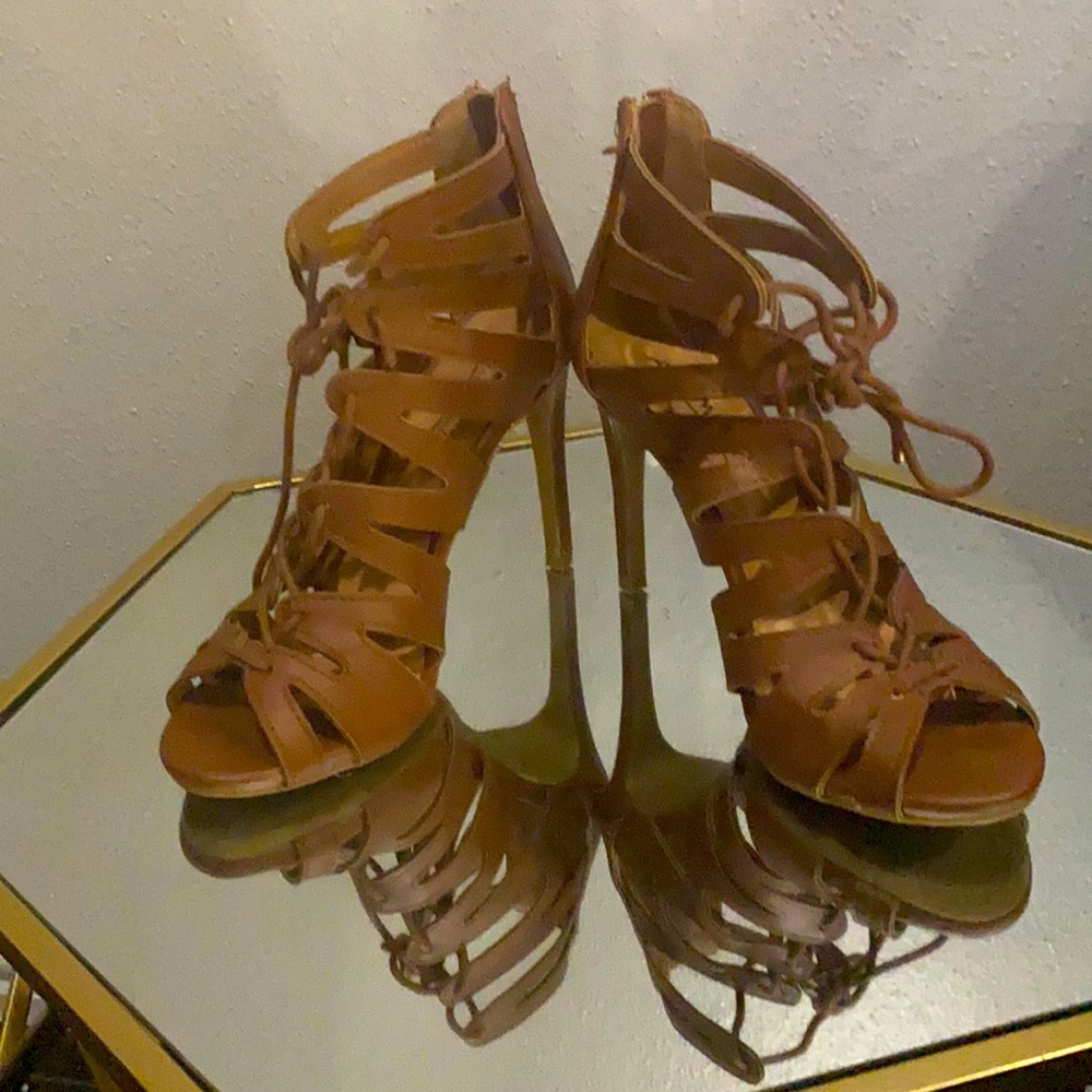 Brown lace up open toe heels